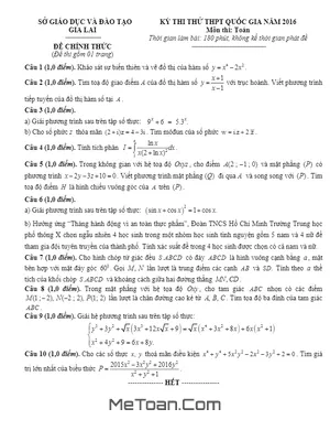 Đề thi thử THPT Quốc gia 2016 môn Toán - Sở GD&ĐT Gia Lai (Có đáp án)
