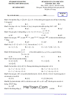 Đề KSCL lần 1 học kỳ 2 Toán 10 năm 2023 – 2024 trường THPT Bình Giang – Hải Dương