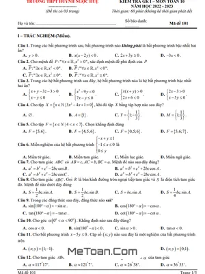 Đề thi giữa học kỳ 1 Toán 10 năm 2022 – 2023 trường THPT Huỳnh Ngọc Huệ – Quảng Nam