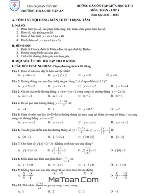 Ôn Tập Giữa Kỳ 2 Toán 8 Năm 2023 - 2024 Trường THCS Chu Văn An - Hà Nội