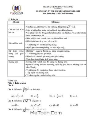 Hướng Dẫn Ôn Tập Học Kì 1 Toán 9 Năm 2021 - 2022 Trường Vinschool - Hà Nội