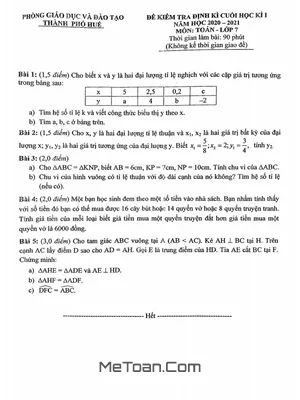 Đề thi học kì 1 Toán 7 năm 2020 - 2021 phòng GD&ĐT TP. Huế