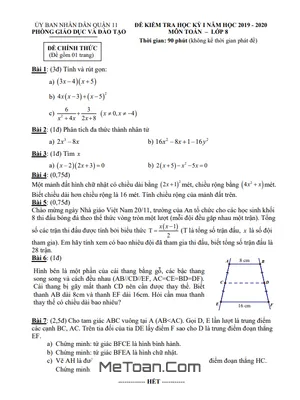 Đề thi học kỳ 1 Toán 8 năm 2019 - 2020 phòng GD&ĐT Quận 11 - TP HCM
