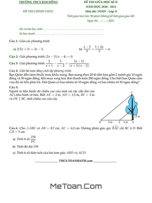 Đề thi giữa kì 2 Toán 8 năm 2020 - 2021 trường THCS Kim Đồng - TP HCM