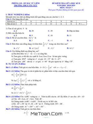 Đề thi giữa kì 2 Toán 7 năm 2018 - 2019 trường THCS Tây Tựu - Hà Nội