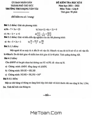 Đề thi học kì 2 Toán 8 năm 2021 - 2022 trường THCS Đặng Tấn Tài - TP.HCM