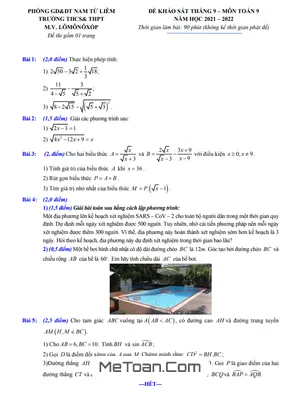 Đề khảo sát Toán 9 tháng 9 năm 2021 trường THPT chuyên M.V. Lômônôxốp – Hà Nội