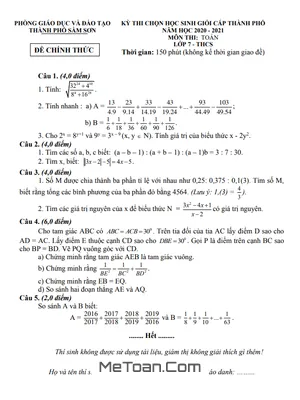 Đề thi HSG Toán 7 năm 2020 - 2021 phòng GD&ĐT TP. Sầm Sơn, Thanh Hóa