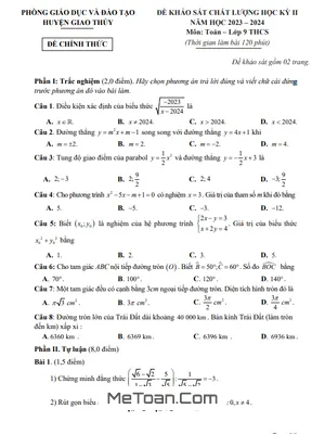 Đề thi học kì 2 Toán 9 năm 2023 - 2024 phòng GD&ĐT Giao Thủy - Nam Định