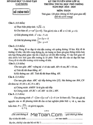 Đề thi tuyển sinh lớp 10 THPT môn Toán năm 2024 - 2025 Sở GD&ĐT Cao Bằng