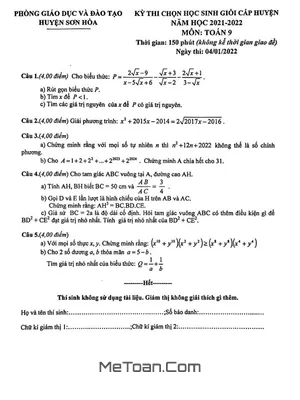Đề thi chọn HSG huyện Toán 9 năm 2021 - 2022 phòng GD&ĐT Sơn Hòa - Phú Yên