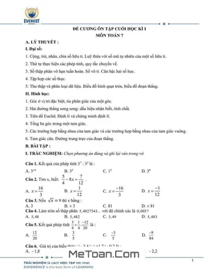 Đề Cương Ôn Tập Cuối Kì 1 Toán 7 Năm 2024 - 2025 Trường Everest Schools - Hà Nội