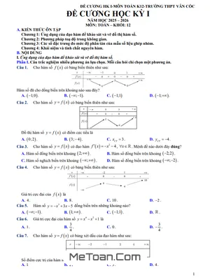 Đề Cương Học Kỳ 1 Toán 12 Năm 2025 – 2026 THPT Vân Cốc, Hà Nội
