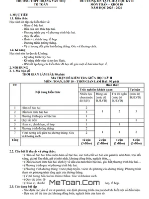 Đề Cương Ôn Tập Giữa Kì 2 Môn Toán Lớp 10 Năm Học 2025 – 2026 Trường THPT Hoàng Văn Thụ, Hà Nội