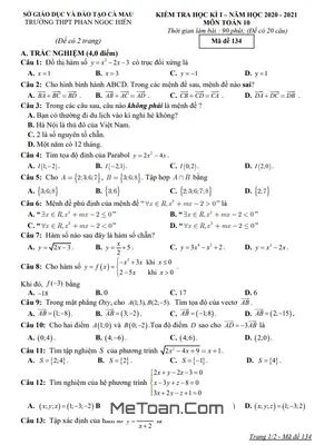 Đề thi HK1 Toán 10 năm 2020 - 2021 trường THPT Phan Ngọc Hiển - Cà Mau