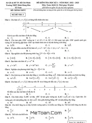 Đề thi học kì 1 Toán 12 năm 2022 – 2023 trường THPT Bình Hưng Hòa – TP HCM