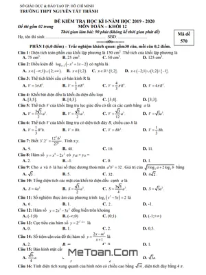 Đề thi học kì 1 Toán 12 năm 2019 - 2020 trường Nguyễn Tất Thành - TP HCM (có lời giải)