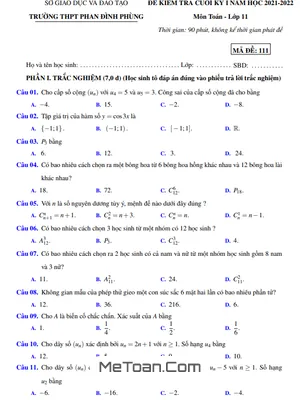 Đề thi cuối kì 1 Toán 11 năm 2021 - 2022 trường THPT Phan Đình Phùng - Quảng Bình