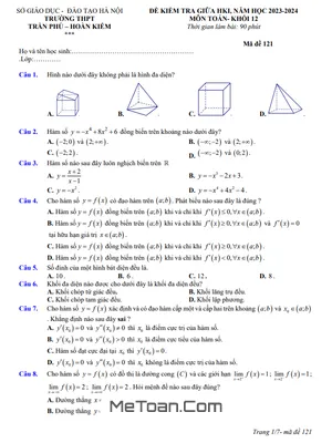 Đề thi giữa kì 1 Toán 12 năm 2023 - 2024 trường THPT Trần Phú - Hà Nội (có đáp án)