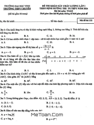 Đề KSCL Toán Lần 1 Năm 2024 Trường THPT Chuyên ĐH Vinh - Nghệ An