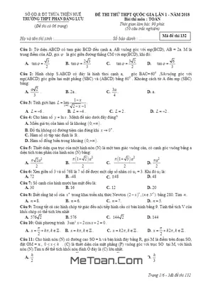 Đề thi thử Toán THPT Quốc Gia 2018 trường THPT Phan Đăng Lưu - TT. Huế lần 1 (có đáp án)