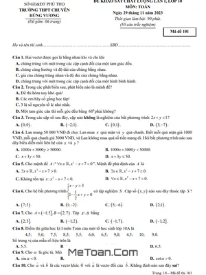 Đề khảo sát lần 1 Toán 10 năm 2023 - 2024 trường THPT chuyên Hùng Vương - Phú Thọ