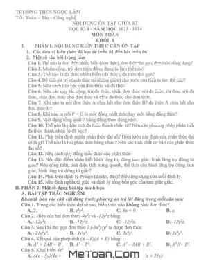Ôn Tập Giữa Học Kỳ 1 Toán 8 Năm 2023 - 2024 Trường THCS Ngọc Lâm - Hà Nội