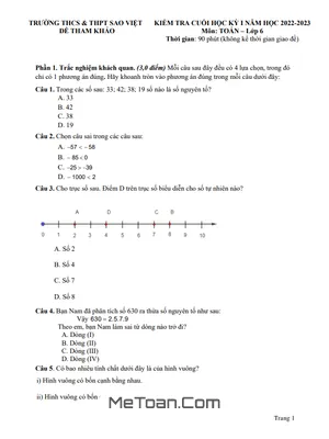 Đề tham khảo học kì 1 Toán 6 năm 2022 - 2023 trường Sao Việt - TP HCM