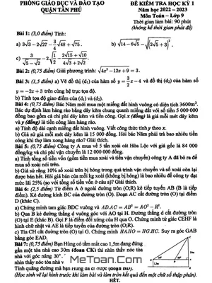 Đề thi học kỳ 1 Toán lớp 9 năm 2022 - 2023 phòng GD&ĐT Tân Phú - TP HCM