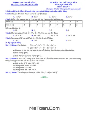 Đề thi giữa kì 2 Toán 7 năm 2015 - 2016 trường THCS Nguyễn Trãi - Hà Nội