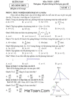 Đề thi học kỳ 2 Toán 8 năm học 2019 - 2020 sở GD&ĐT Quảng Nam