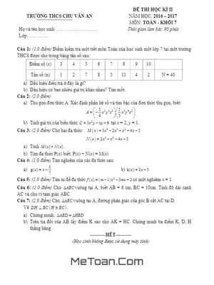 Đề thi HK2 môn Toán lớp 7 năm 2016 - 2017 trường THCS Chu Văn An - Quảng Nam