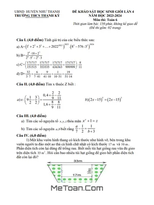 Đề khảo sát HSG Toán 6 lần 4 năm 2023 - 2024 trường THCS Thanh Kỳ - Thanh Hóa