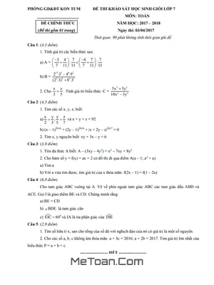 Đề thi HSG Toán 7 năm 2017-2018 phòng GD&ĐT Kon Tum (có đáp án)