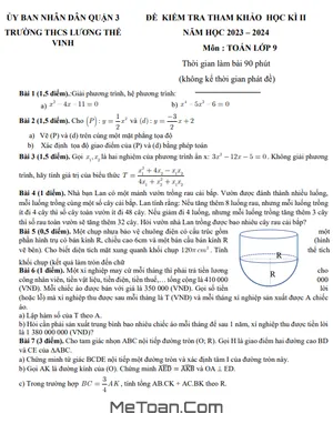 Đề Tham Khảo Cuối Kì 2 Toán 9 Năm 2023 - 2024 Phòng GD&ĐT Quận 3 - TP HCM