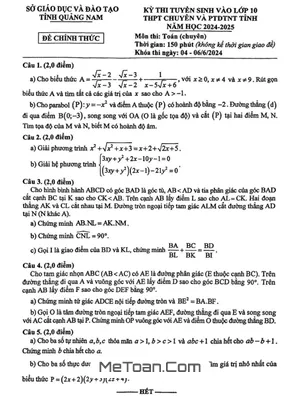 Đề tuyển sinh lớp 10 chuyên Toán (chuyên) năm 2024 - 2025 sở GD&ĐT Quảng Nam