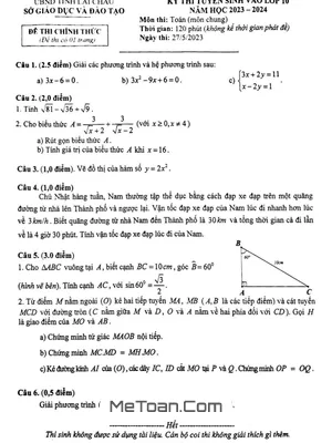 Đề thi vào lớp 10 môn Toán (chung) năm 2023 - 2024 Sở GD&ĐT Lai Châu