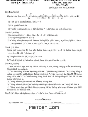 Đề khảo sát Toán tuyển sinh 10 năm 2022 - 2023 phòng GD&ĐT Tiền Hải - Thái Bình