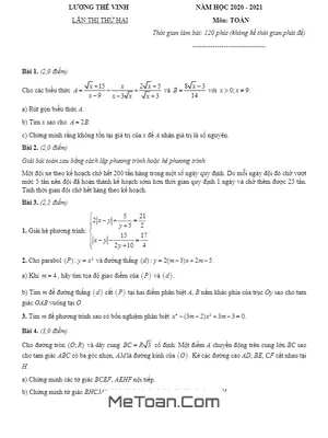 Đề thi thử vào lớp 10 môn Toán lần 2 năm 2020 – 2021 trường Lương Thế Vinh – Hà Nội