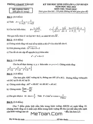 Đề thi HSG Toán 9 cấp huyện năm 2021 - 2022 phòng GD&ĐT Tân Kỳ - Nghệ An