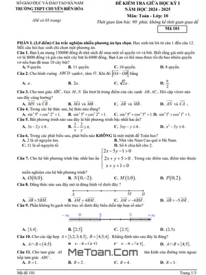 Đề giữa học kỳ 1 Toán 10 năm 2024 - 2025 trường chuyên Biên Hòa - Hà Nam
