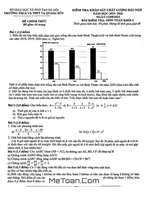 Đề Khảo Sát Toán 9 Đầu Năm 2025 – 2026: Trường THCS & THPT Tạ Quang Bửu, Hà Nội