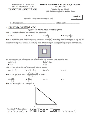 Đề Cuối Kỳ 1 Toán 8 Năm 2025 – 2026 Trường THPT Lương Thế Vinh – TP. HCM