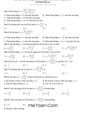 246 Bài Tập Trắc Nghiệm Đường Tiệm Cận Của Đồ Thị Hàm Số Có Đáp Án