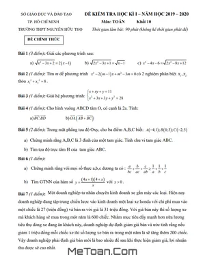 Đề thi học kì 1 Toán 10 năm 2019 - 2020 trường THPT Nguyễn Hữu Thọ - TP HCM