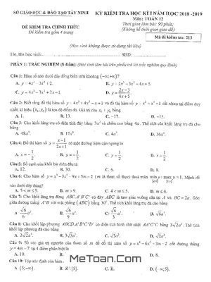 Đề thi học kỳ 1 Toán 12 năm học 2018 - 2019 sở GD&ĐT Tây Ninh