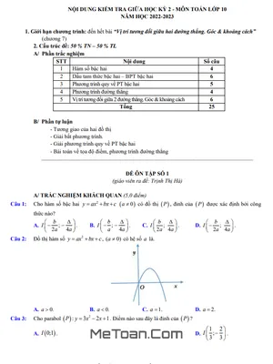 Đề Ôn Tập Giữa Kỳ 2 Toán 10 Năm 2022 - 2023 Trường THPT Việt Đức - Hà Nội