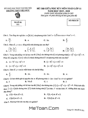 Đề thi giữa kì 1 Toán 11 năm 2019 - 2020 trường THPT Việt Đức - Hà Nội