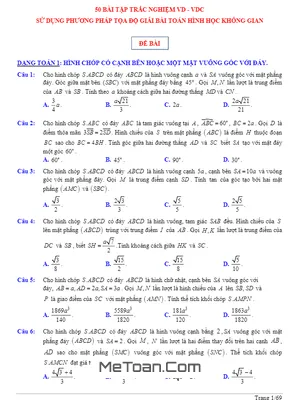50 Bài Tập Trắc Nghiệm Sử Dụng Phương Pháp Tọa Độ Giải Bài Toán Hình Học Không Gian