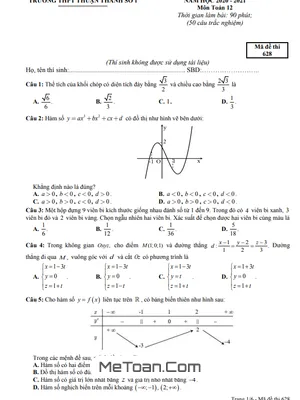 Đề KSCL Toán 12 Lần 2 Năm 2020 - 2021 Trường THPT Thuận Thành 1 - Bắc Ninh